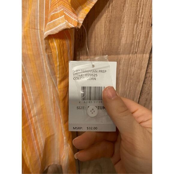IZOD Medium NWT light summer blouse button up top shirt orange/yellow striped - Picture 5 of 7